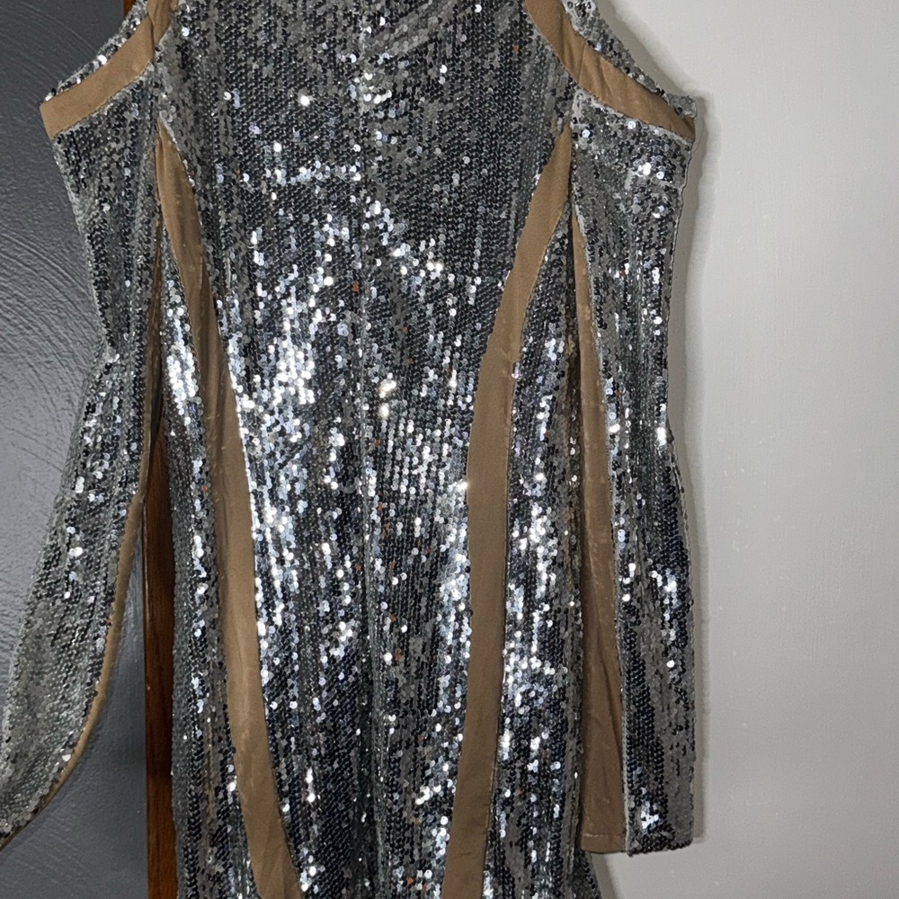 Silver Sequin Dress with Tan Accents